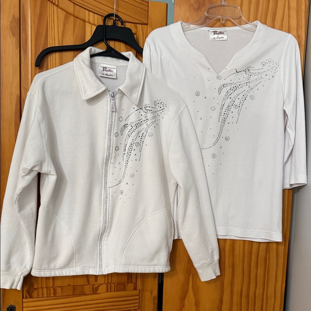 ANGELICA 2-PIECE SET CARDIGAN & TOP WOMENS M WHITE JEWEL RHINESTONES FULL ZIP